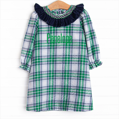 Blue Christmas Smocked Dress, Green