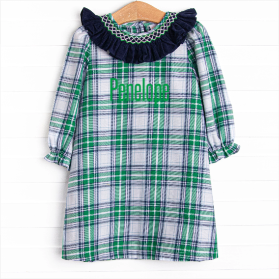 Blue Christmas Smocked Dress, Green