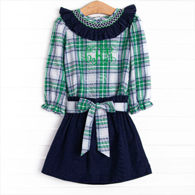 Blue Christmas Smocked Skirt Set, Green