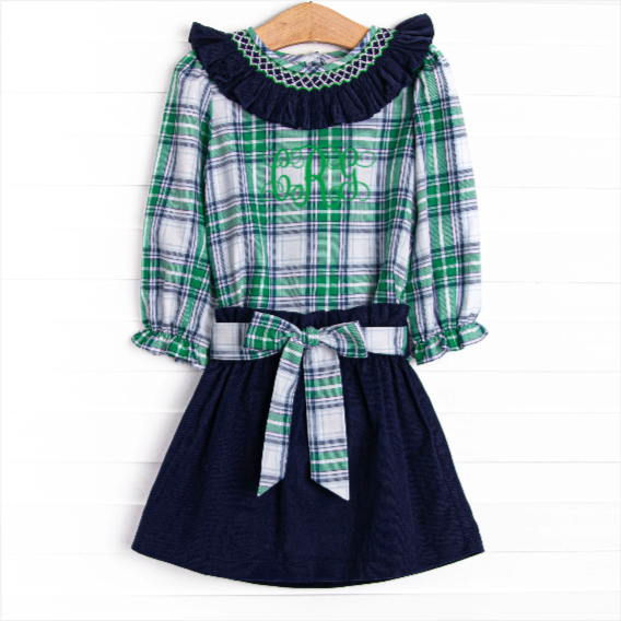Blue Christmas Smocked Skirt Set, Green