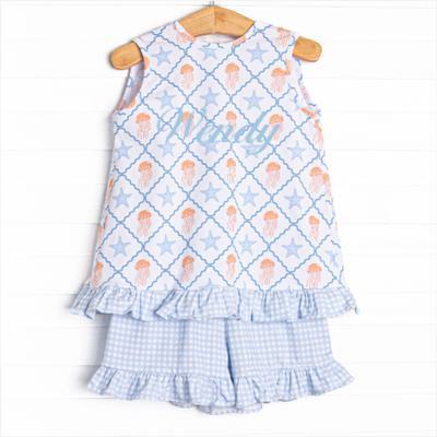 Blue Sea Stinger Ruffle Short Set, Blue