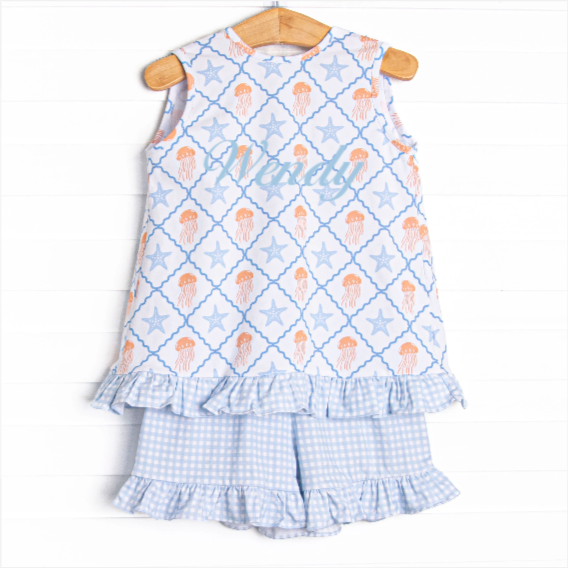 Blue Sea Stinger Ruffle Short Set, Blue