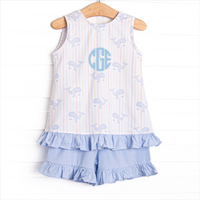 Blue Whale Waves Ruffle Short Set, Blue
