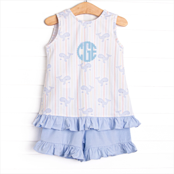Blue Whale Waves Ruffle Short Set, Blue