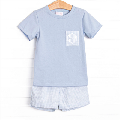 Cabo Breeze Short Set, Blue Seersucker
