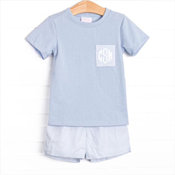 Cabo Breeze Short Set, Blue Seersucker