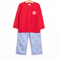 Candy Cane Craze Embroidered Pant Set, Blue Gingham