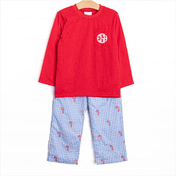 Candy Cane Craze Embroidered Pant Set, Blue Gingham