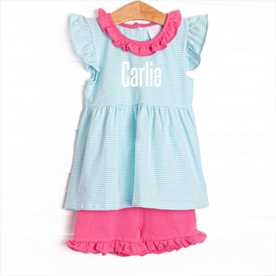 Carlie Short Set, Hot Pink and Aqua Stripe