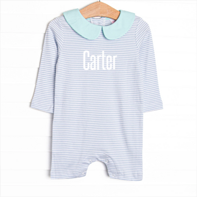 Carter Pima Short Romper, Mint and Light Blue Stripe