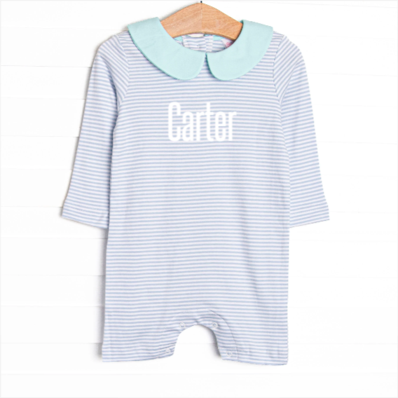Carter Pima Short Romper, Mint and Light Blue Stripe