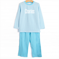 Charles Long Sleeve Pant Set, Aqua Stripe