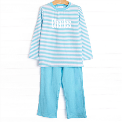 Charles Long Sleeve Pant Set, Aqua Stripe