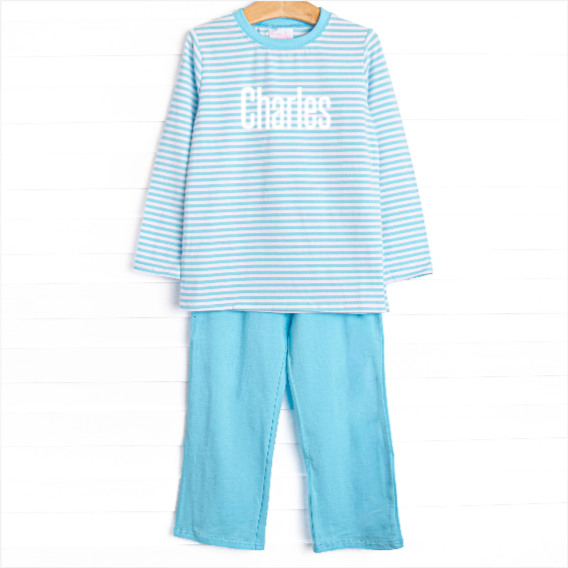 Charles Long Sleeve Pant Set, Aqua Stripe