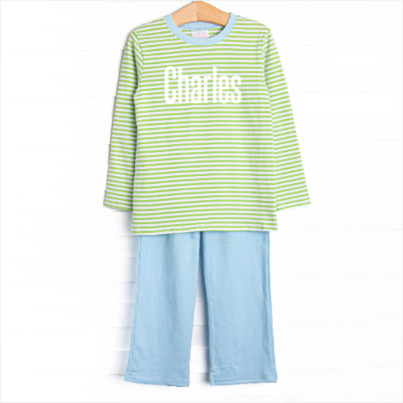 Charles Long Sleeve Pant Set, Blue and Light Green Stripe
