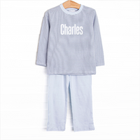 Charles Long Sleeve Pant Set, Pale Blue and Slate Blue Stripe