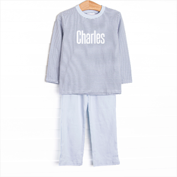 Charles Long Sleeve Pant Set, Pale Blue and Slate Blue Stripe