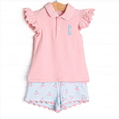 Cherry Fun Collared Short Set, Pink
