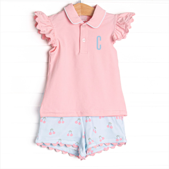 Cherry Fun Collared Short Set, Pink
