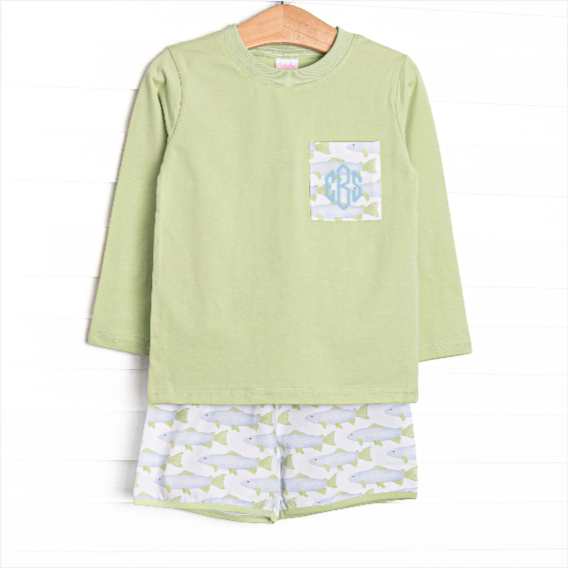 Clear Lake Catch Long Sleeve Short Set, Green