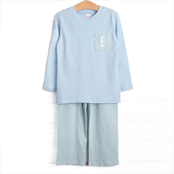 Coleman Pima Long Sleeve Pant Set, Blue and Mint Stripe