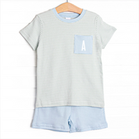 Coleman Pima Short Set, Blue and Sage Stripe