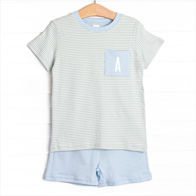 Coleman Pima Short Set, Blue and Sage Stripe