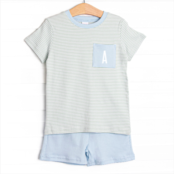 Coleman Pima Short Set, Blue and Sage Stripe