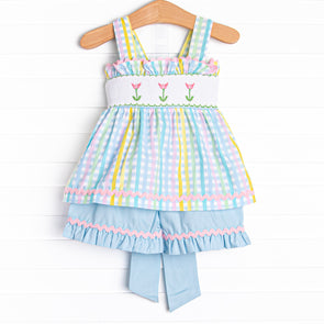 Sprouts of Spring Smocked Ruffle Short Set, Blue