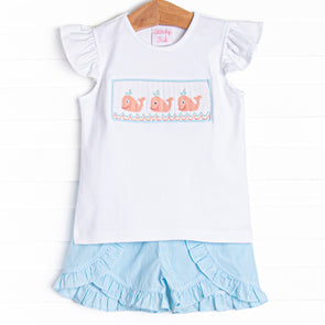 Marine Mammals Smocked Ruffle Short Set, Aqua