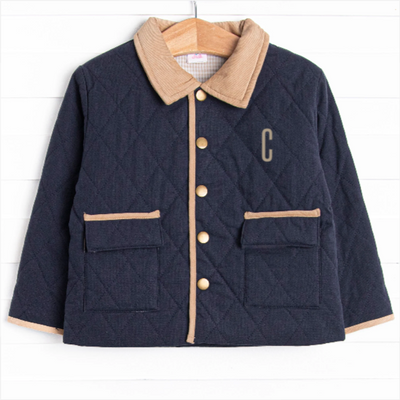 Corduroy Collar Quilted Coat, Blue