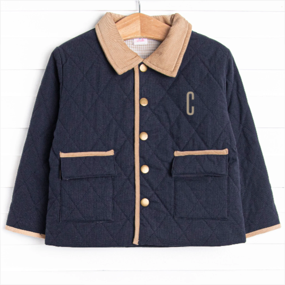 Corduroy Collar Quilted Coat, Blue