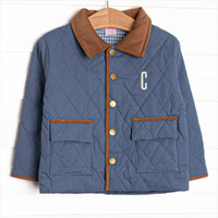 Corduroy Collar Quilted Coat, Denim Blue
