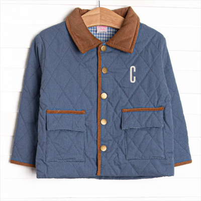 Corduroy Collar Quilted Coat, Denim Blue