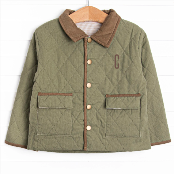 Corduroy Collar Quilted Coat, Green