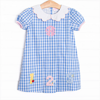 Count on Me Applique Dress, Blue Check