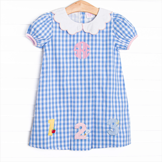 Count on Me Applique Dress, Blue Check