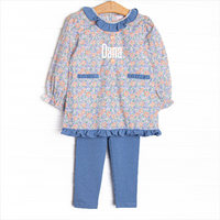 Drenched in Dahlias Embroidered Legging Set, Blue