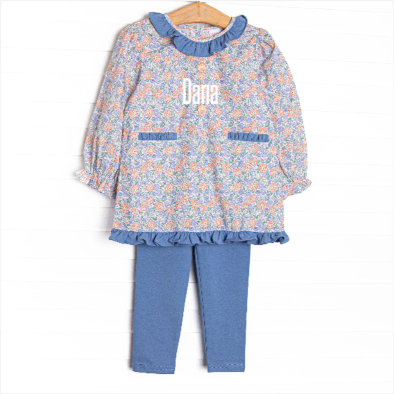 Drenched in Dahlias Embroidered Legging Set, Blue