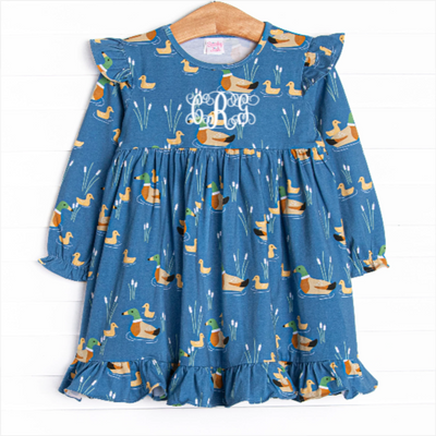 Ducks in a Row Ruffle Dress, Blue