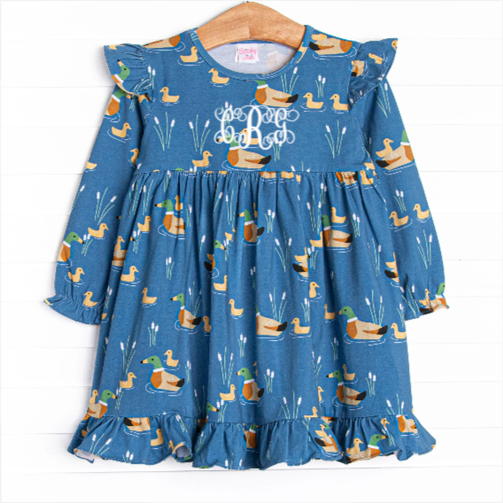 Ducks in a Row Ruffle Dress, Blue