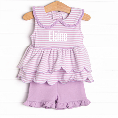 Elaine Scallop Short Set, Light Purple Stripe