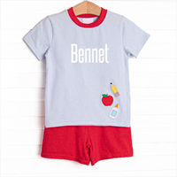 Elementary Essentials Applique Short Set, Blue Stripe
