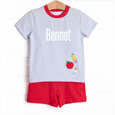 Elementary Essentials Applique Short Set, Blue Stripe