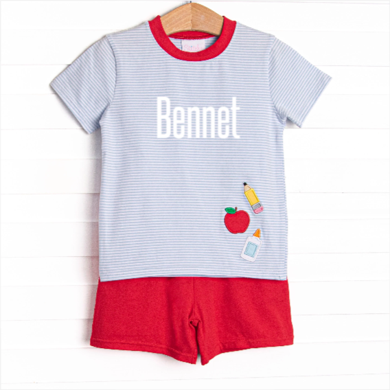 Elementary Essentials Applique Short Set, Blue Stripe