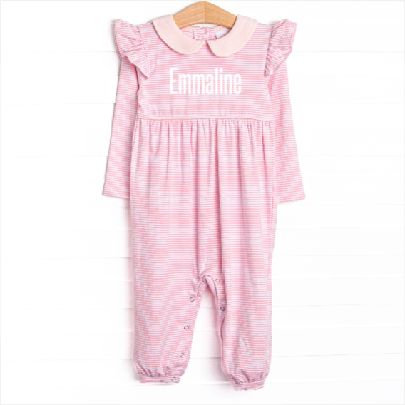 Emmaline Long Sleeve Romper, Light Pink Stripe