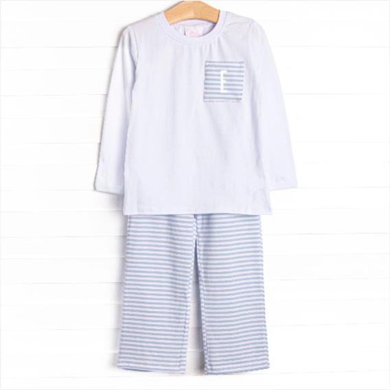 Evan Pant Set, White and Light Blue Stripe