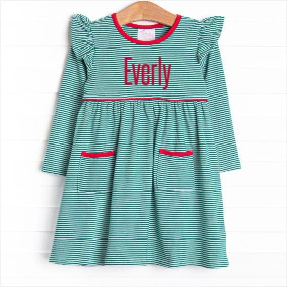 Everly Long Sleeve Dress, Red and Green Stripe