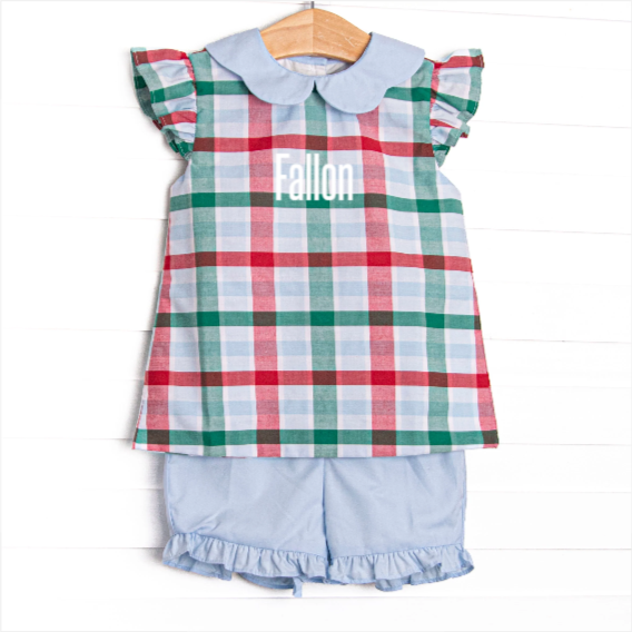 Fallon Ruffle Short Set, Blue Plaid