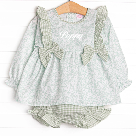 Garden Gate Gingham Side Tie Diaper Set, Green